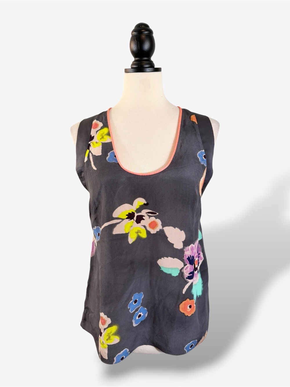 Rebecca Taylor Silk Floral Print Blouse Size 2 Gray Orange Button Split Back